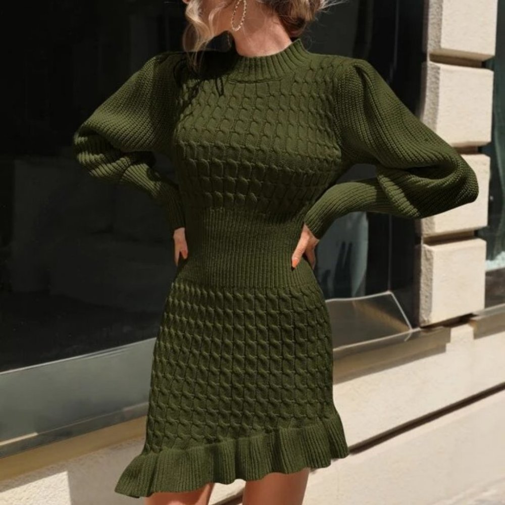 long sleeved Asymmetrical Ruffle Hem cable knit Sweater mini Dress Green - Picture 2 of 5